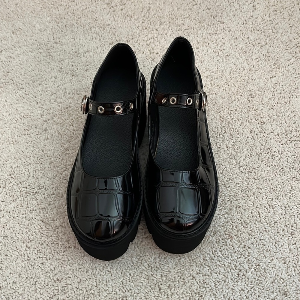 Platform black Mary Janes faux crocodile print